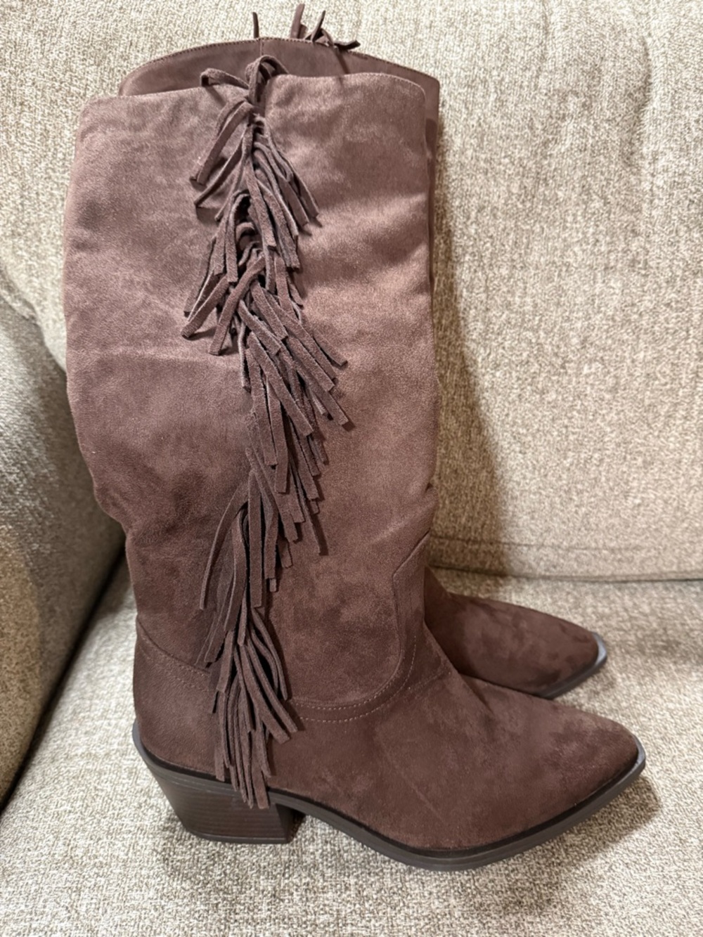 a new day Brown Suede Fringe Mid-Calf Heeled Boots